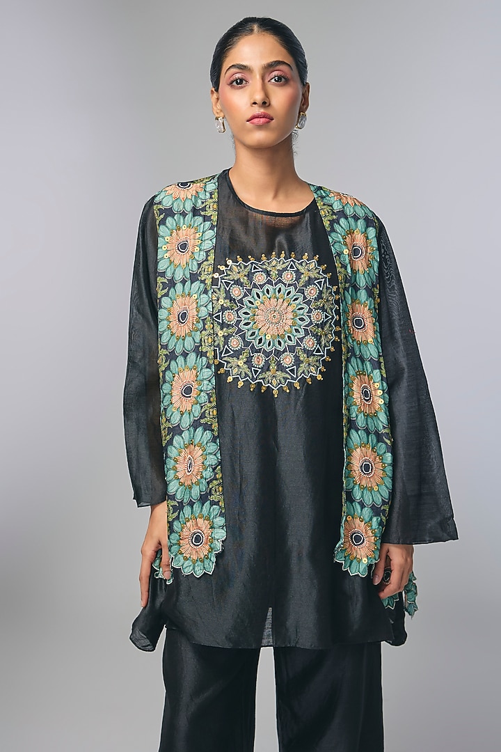 Black Chanderi Embellished Jacket Set by Soup by Sougat Paul at Pernia's Pop Up Shop