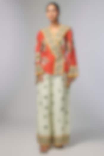 Red Linen Silk Embellished Co-Ord Set by Soup by Sougat Paul at Pernia's Pop Up Shop