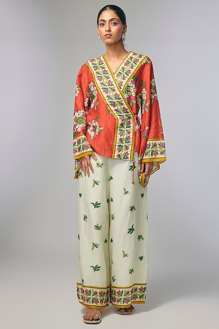 Red Linen Silk Embellished Co-Ord Set by Soup by Sougat Paul at Pernia's Pop Up Shop