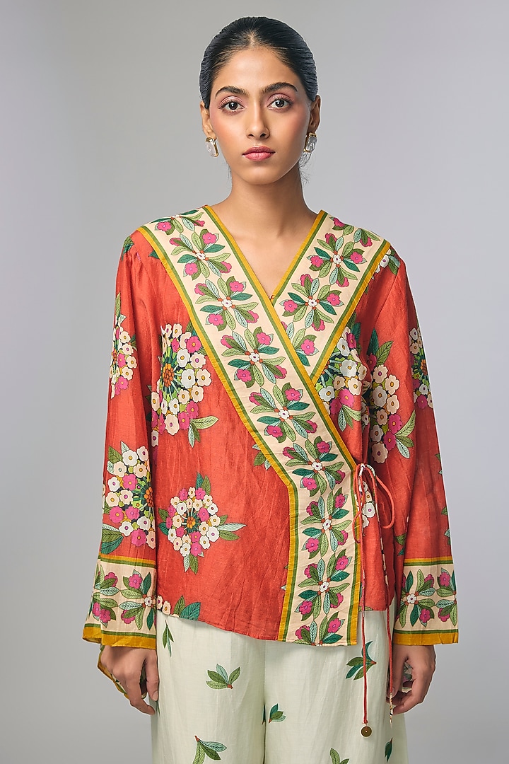 Red Linen Silk Embellished Co-Ord Set by Soup by Sougat Paul at Pernia's Pop Up Shop