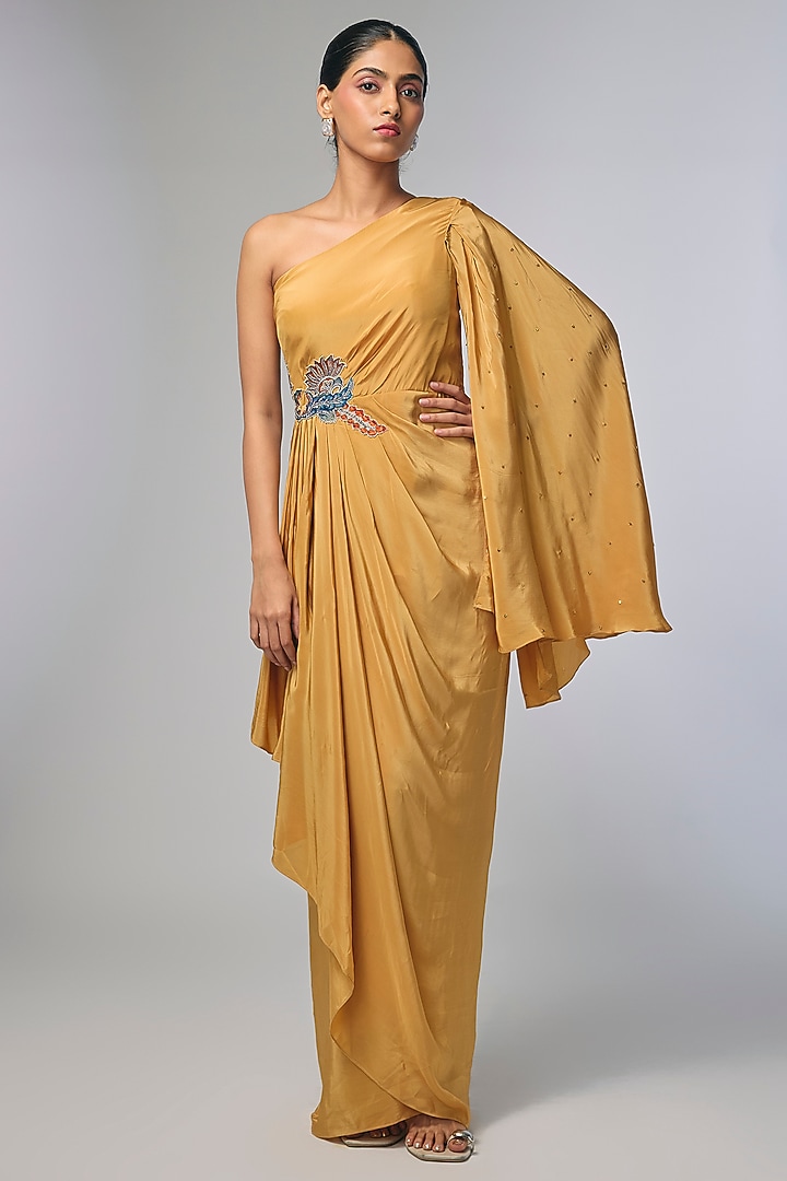 Beige Crepe Embellished Draped Vacation Dress by Soup by Sougat Paul at Pernia's Pop Up Shop