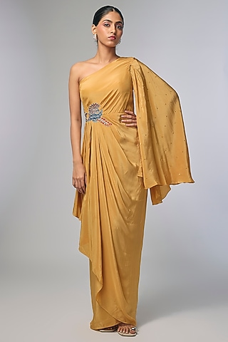 Beige Crepe Embellished Draped Dress by Soup by Sougat Paul