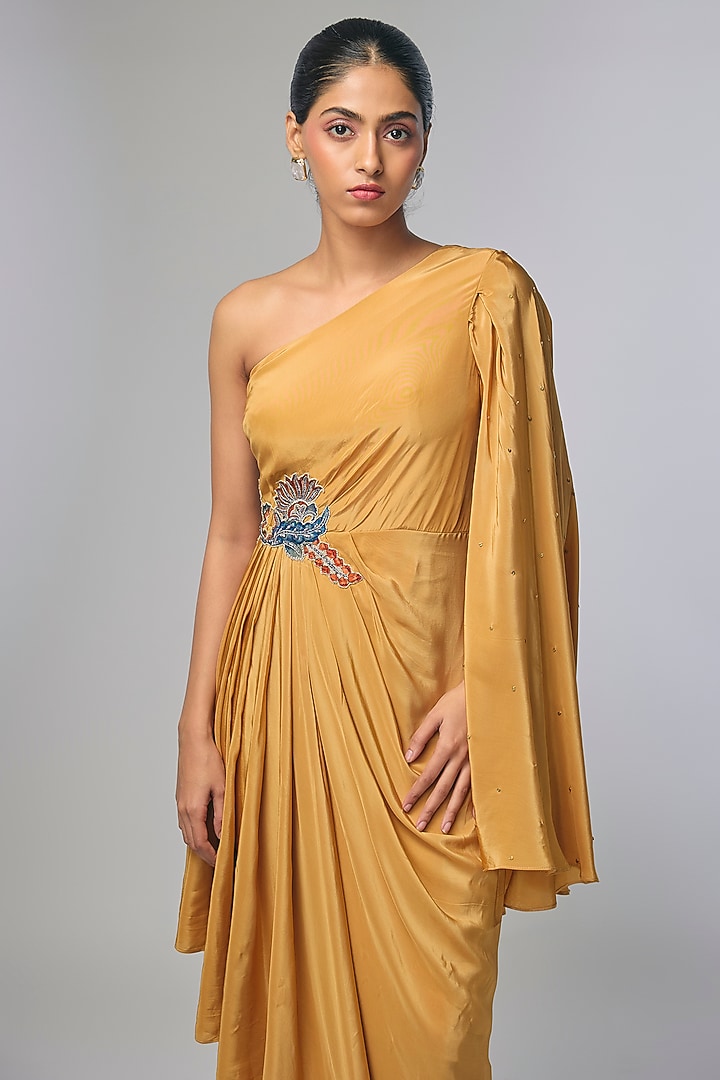 Beige Crepe Embellished Draped Vacation Dress by Soup by Sougat Paul at Pernia's Pop Up Shop