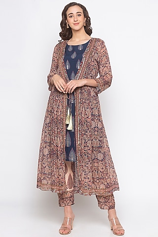 Off White & Blue Embroidered Printed Jacket Set by Soup by Sougat Paul