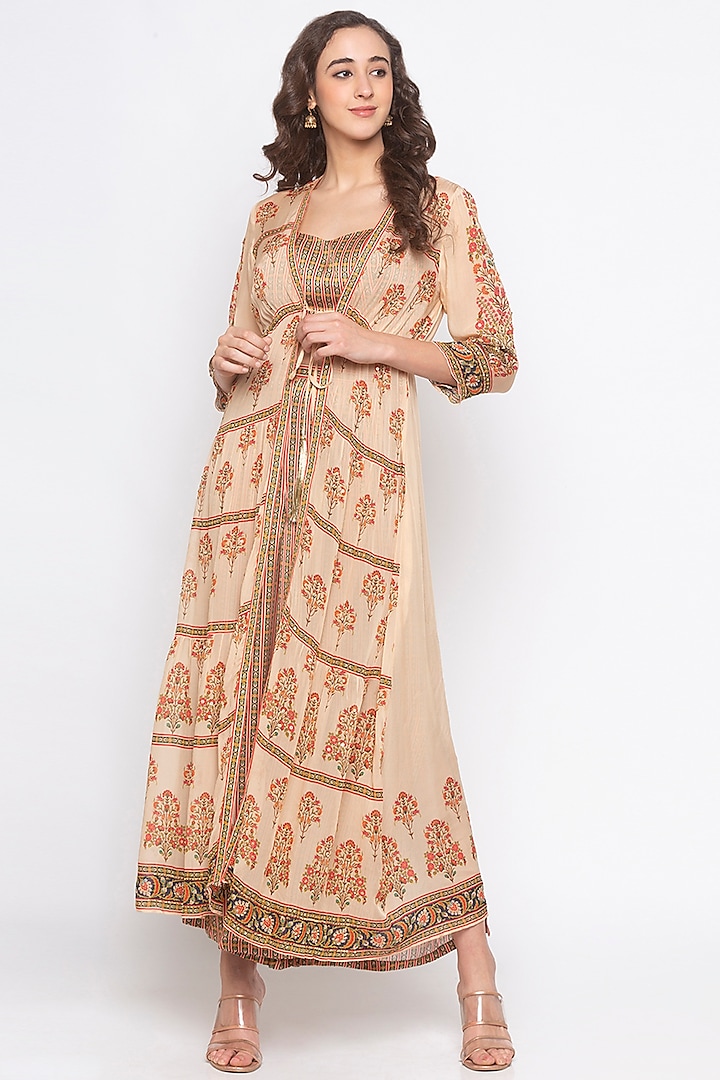 Beige & Orange Embroidered Printed Jacket Set by Soup by Sougat Paul