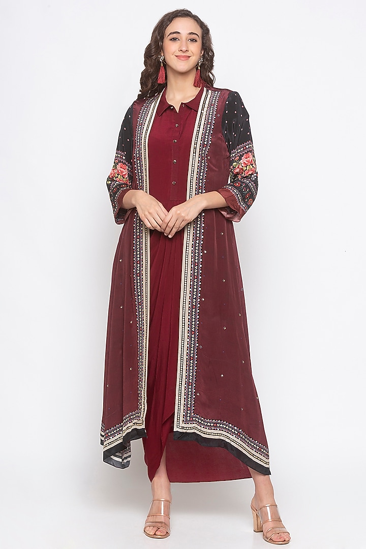 Maroon & Black Embroidered Printed Jacket With Vacation Dress by Soup by Sougat Paul at Pernia's Pop Up Shop
