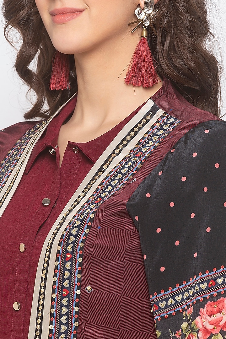 Maroon & Black Embroidered Printed Jacket With Vacation Dress by Soup by Sougat Paul at Pernia's Pop Up Shop