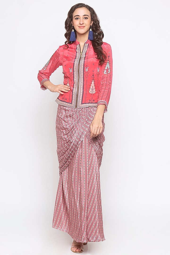 Pink Embellished & Printed Jacket With Draped Skirt by Soup by Sougat Paul