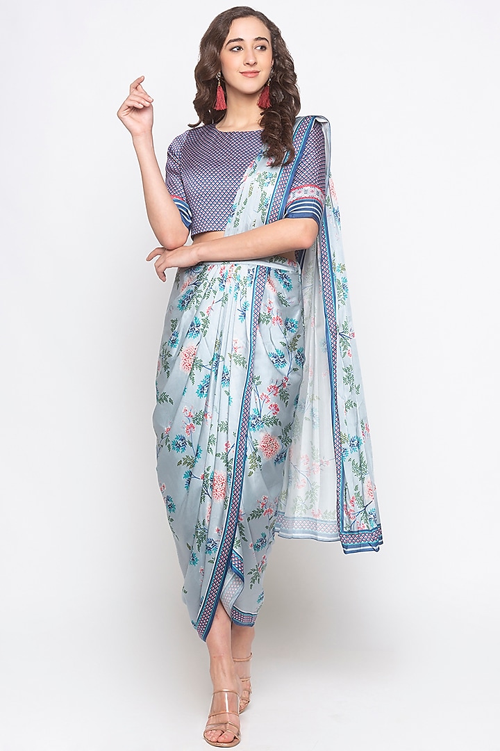 Blue Printed Pre-Stitched Saree Set by Soup by Sougat Paul