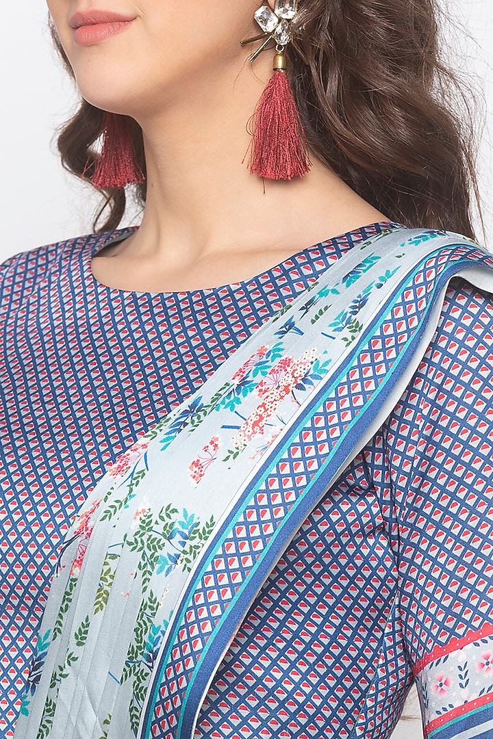 Blue Printed Pre-Stitched Party Wear Saree Set by Soup by Sougat Paul at Pernia's Pop Up Shop