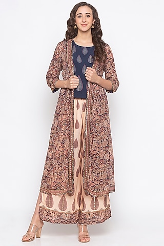 Blue & Off White Printed Embroidered Jacket Set by Soup by Sougat Paul