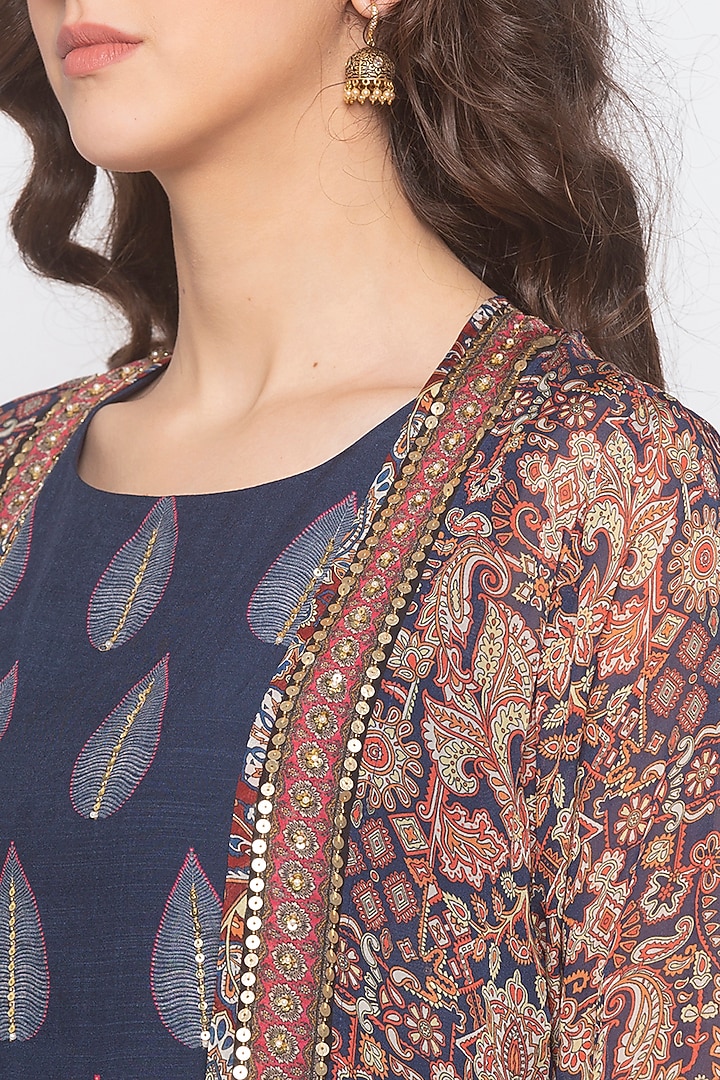 Blue & Off White Printed Embroidered Jacket Set by Soup by Sougat Paul at Pernia's Pop Up Shop