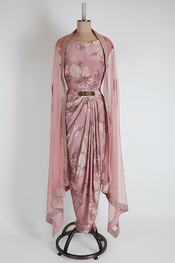 Pink Printed Draped Concept Gown With Dupatta by Soup by Sougat Paul