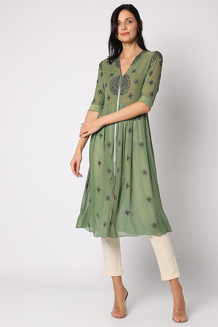 Green Georgette Printed Tunic by Soup by Sougat Paul