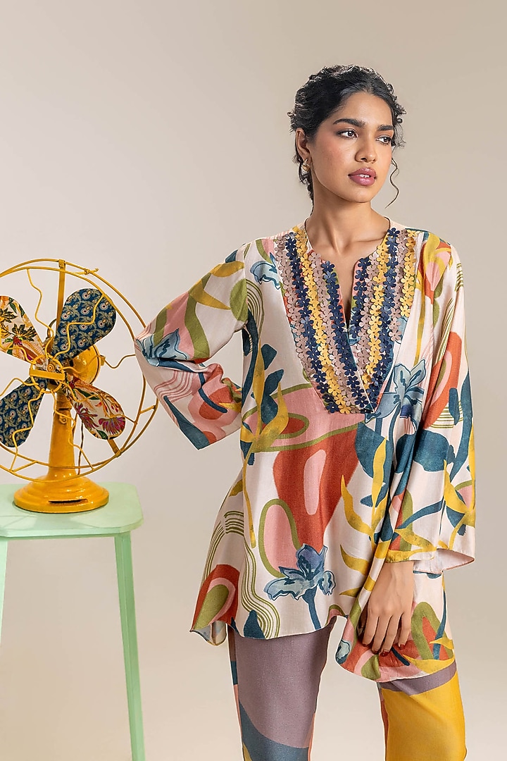 Beige Chanderi Floral Printed Co-Ord Set by Soup by Sougat Paul at Pernia's Pop Up Shop