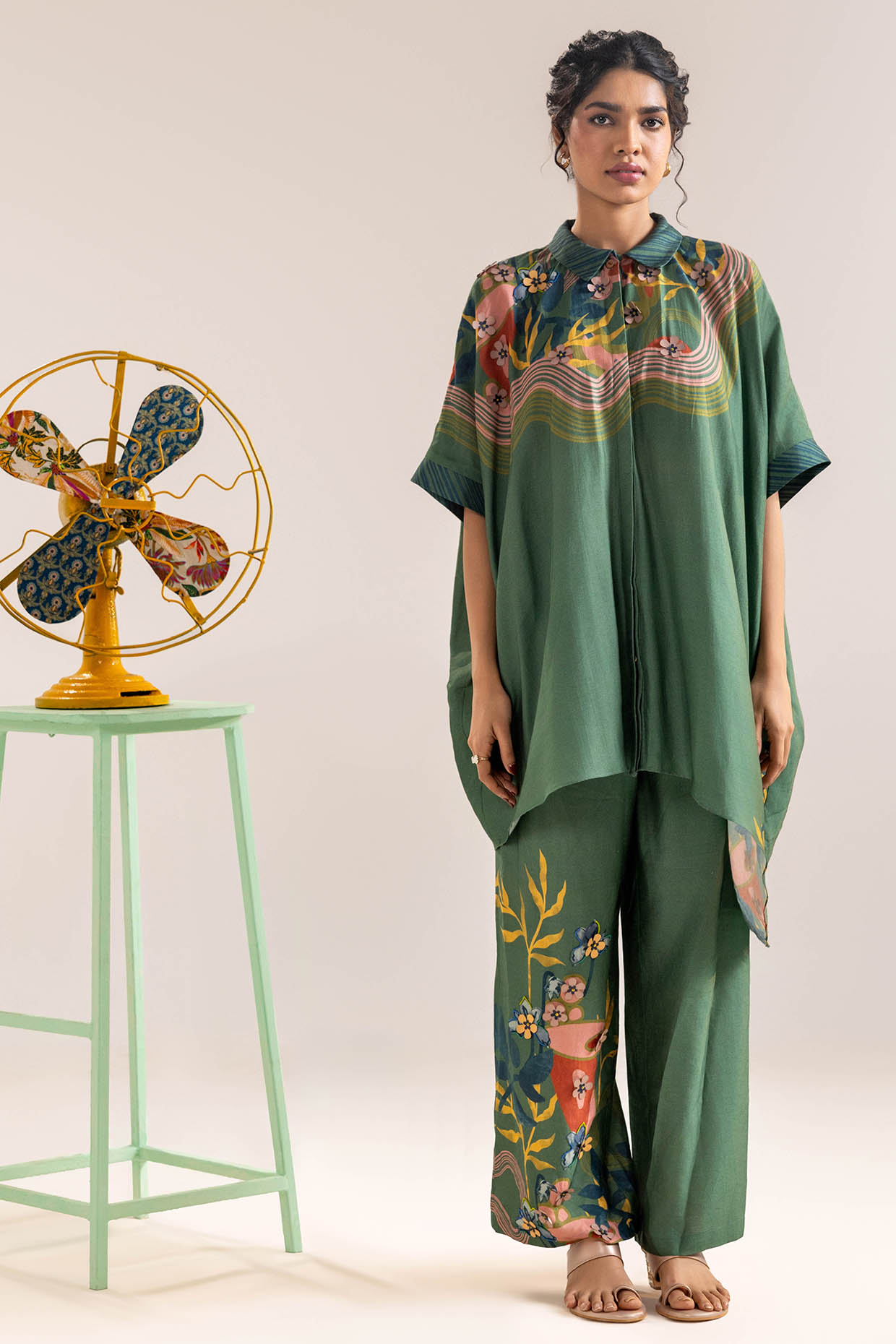 Green Chanderi Floral Printed Co-Ord Set by Soup by Sougat Paul at Pernia's Pop Up Shop