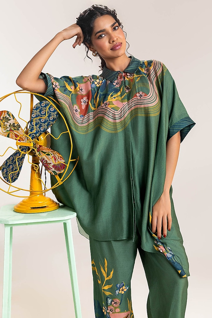 Green Chanderi Floral Printed Co-Ord Set by Soup by Sougat Paul at Pernia's Pop Up Shop
