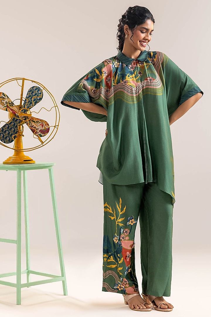 Green Chanderi Floral Printed Co-Ord Set by Soup by Sougat Paul at Pernia's Pop Up Shop