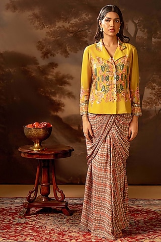 Multi-Colored Crepe Draped Jacket Saree Set by Soup by Sougat Paul