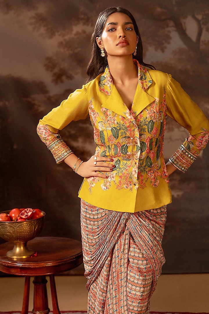 Multi-Colored Crepe Draped Jacket Party Wear Saree Set by Soup by Sougat Paul at Pernia's Pop Up Shop