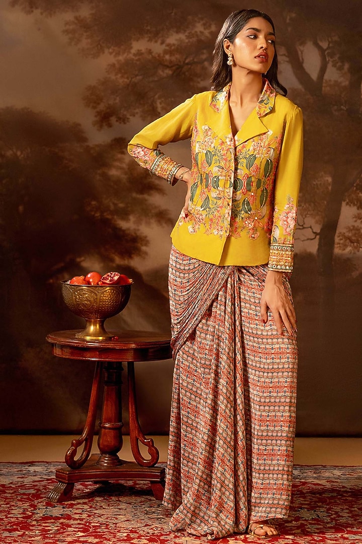 Multi-Colored Crepe Draped Jacket Party Wear Saree Set by Soup by Sougat Paul at Pernia's Pop Up Shop