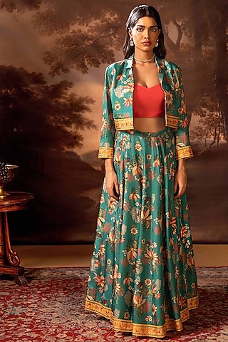 Green Malaysian Silk Printed Jacket Lehenga Set by Soup by Sougat Paul