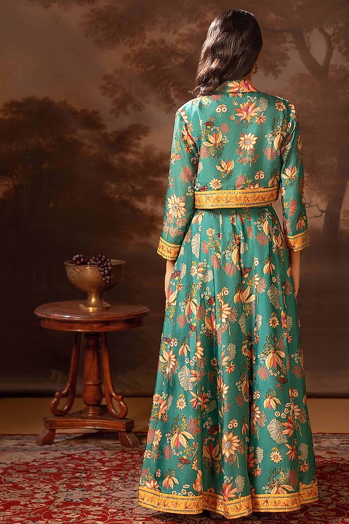 Green Malaysian Silk Printed Jacket Lehenga Set by Soup by Sougat Paul at Pernia's Pop Up Shop