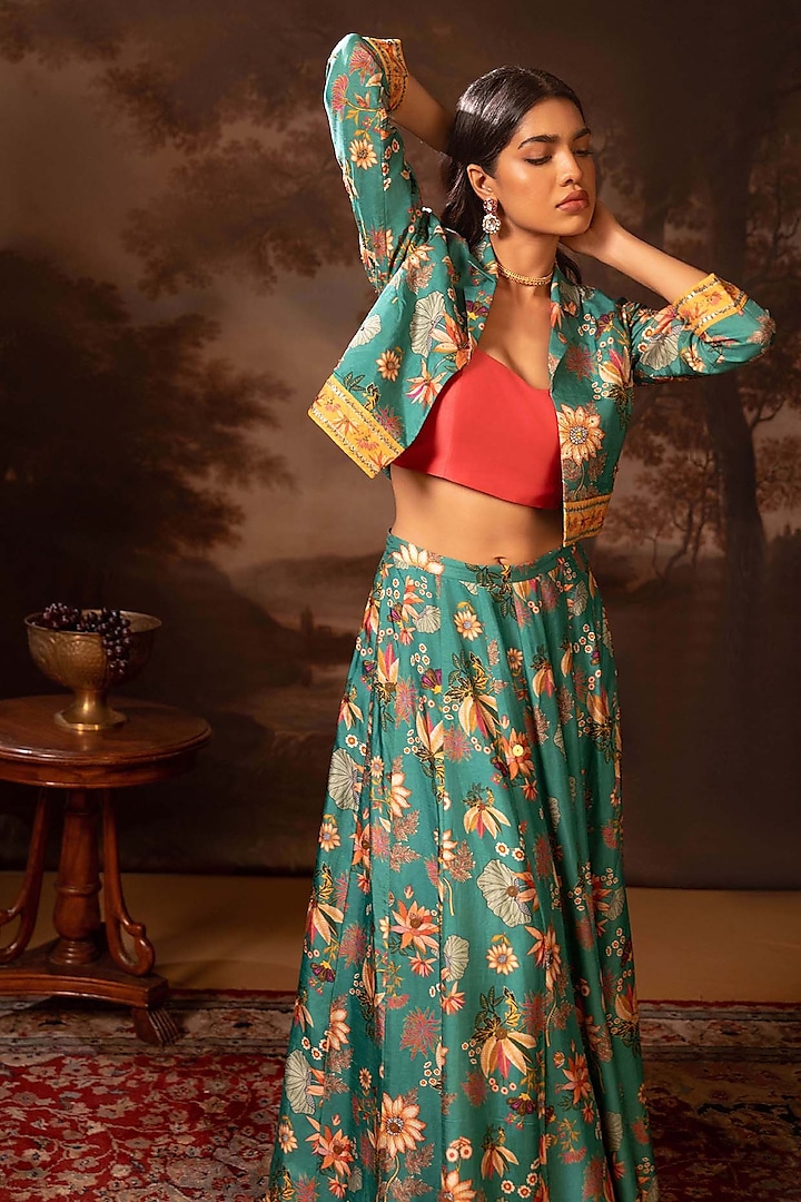 Green Malaysian Silk Printed Jacket Lehenga Set by Soup by Sougat Paul at Pernia's Pop Up Shop