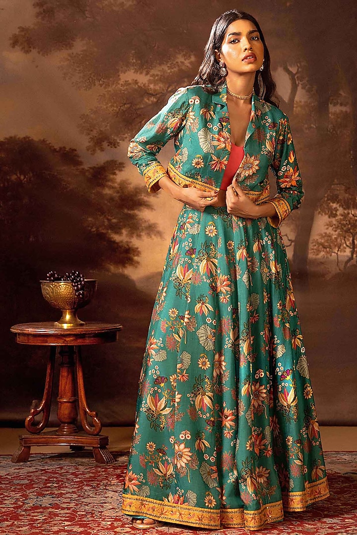 Green Malaysian Silk Printed Jacket Lehenga Set by Soup by Sougat Paul at Pernia's Pop Up Shop