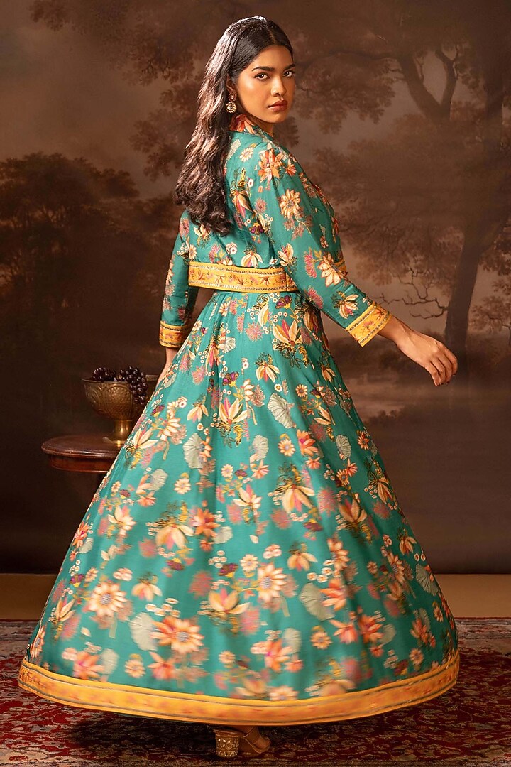Green Malaysian Silk Printed Jacket Lehenga Set by Soup by Sougat Paul at Pernia's Pop Up Shop