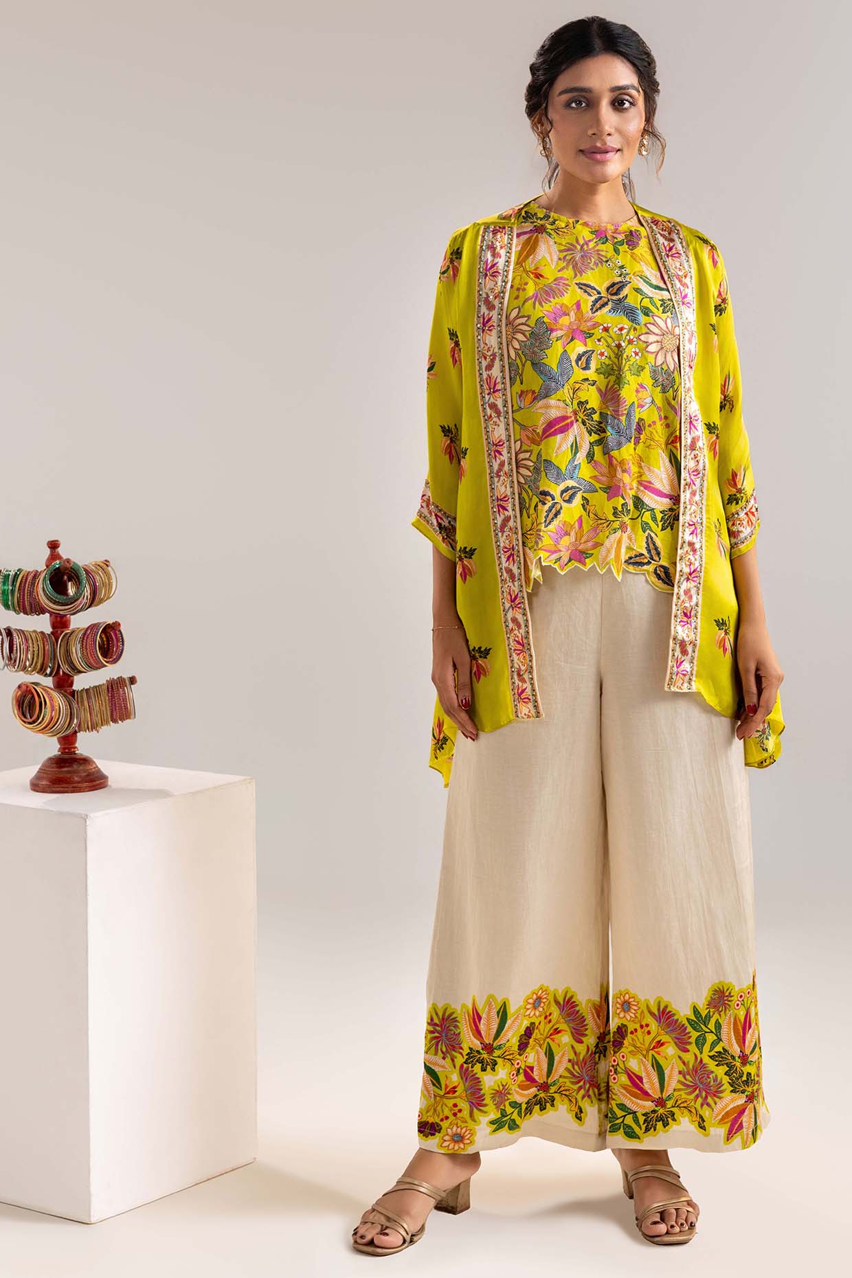 Yellow Satin Linen Embroidered Jacket Set by Soup by Sougat Paul at Pernia's Pop Up Shop