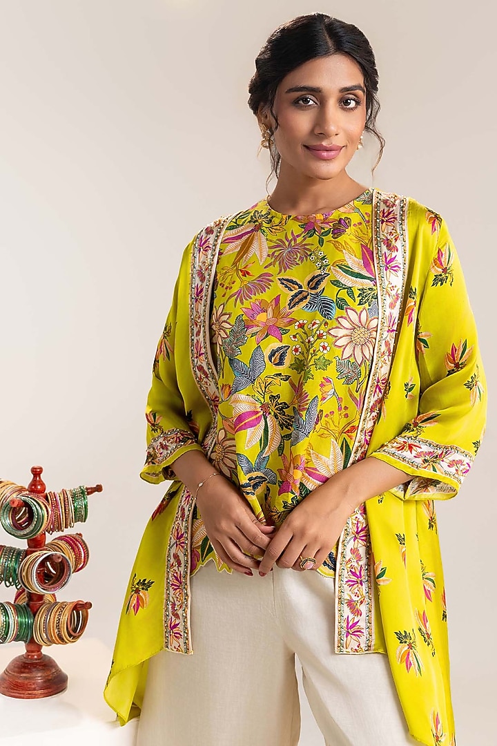 Yellow Satin Linen Embroidered Jacket Set by Soup by Sougat Paul at Pernia's Pop Up Shop