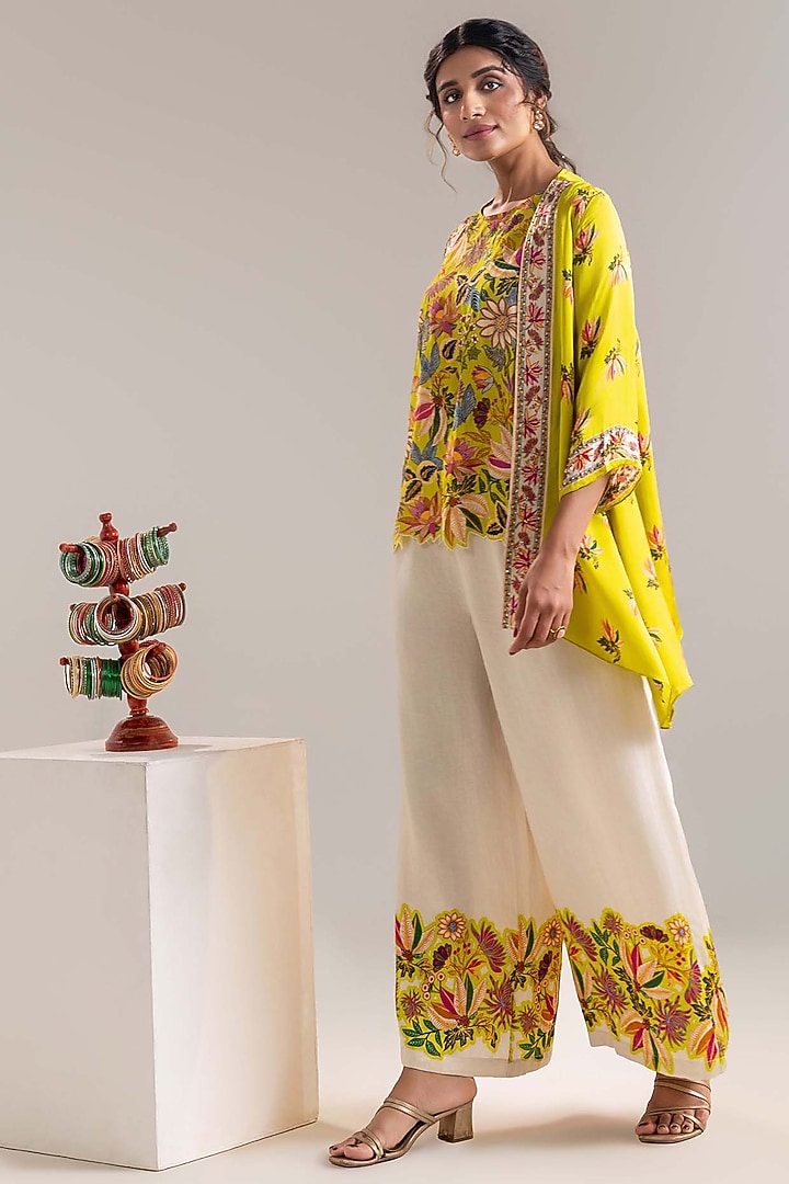 Yellow Satin Linen Embroidered Jacket Set by Soup by Sougat Paul at Pernia's Pop Up Shop