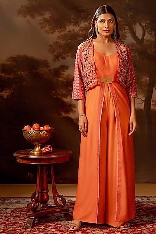 Red Malaysian Silk Embellished Jumpsuit With Jacket by Soup by Sougat Paul