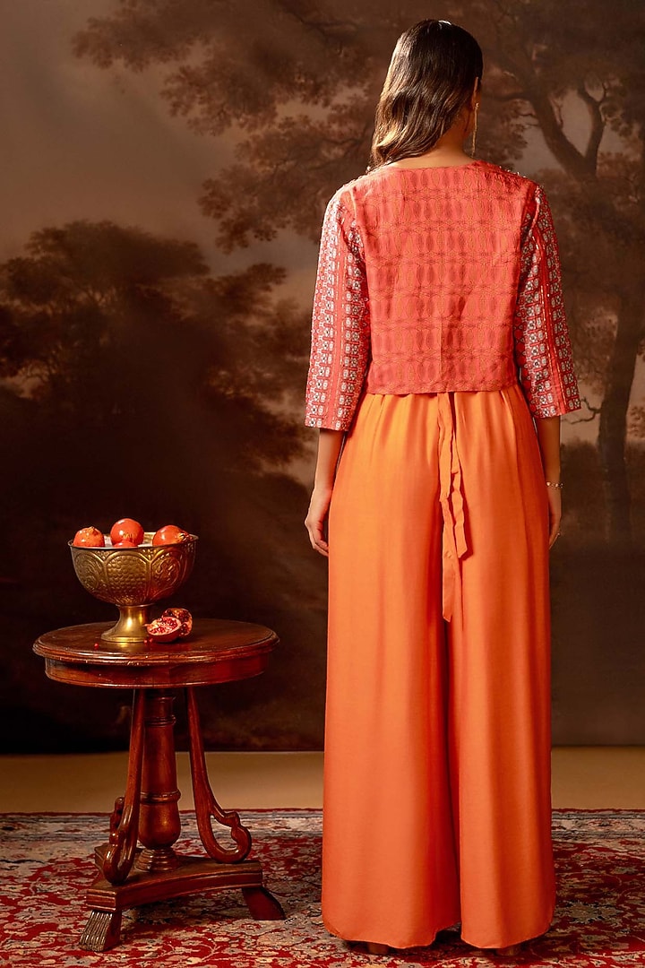 Red Malaysian Silk Embellished Jumpsuit With Jacket by Soup by Sougat Paul at Pernia's Pop Up Shop