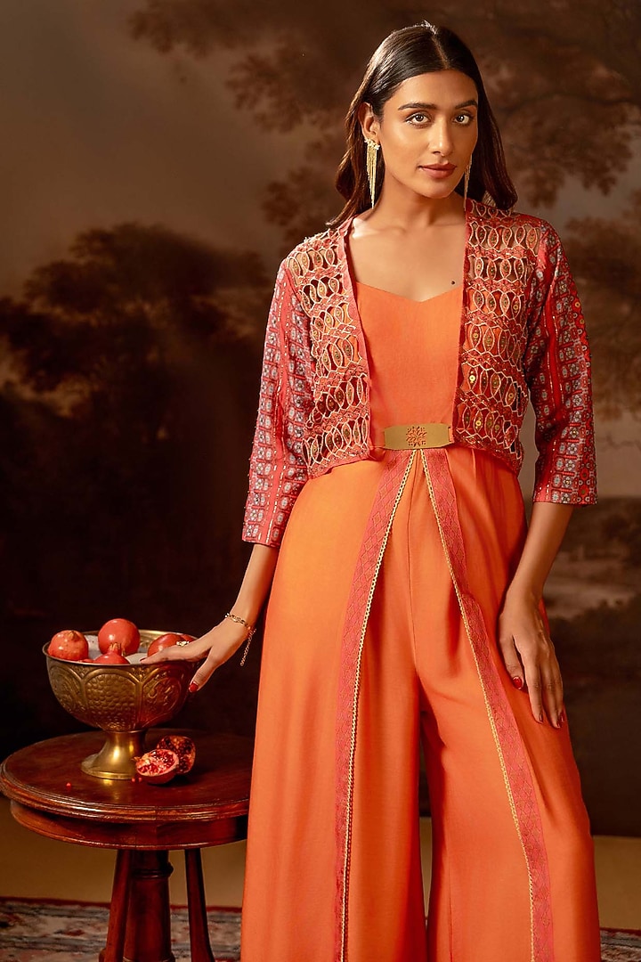 Red Malaysian Silk Embellished Jumpsuit With Jacket by Soup by Sougat Paul at Pernia's Pop Up Shop