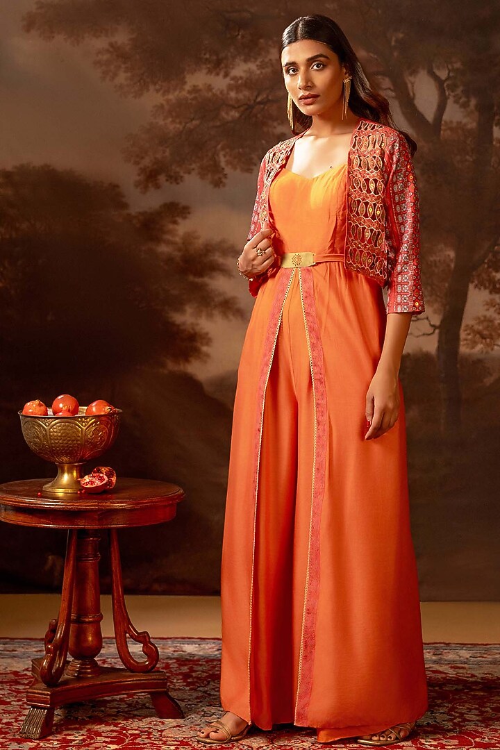 Red Malaysian Silk Embellished Jumpsuit With Jacket by Soup by Sougat Paul at Pernia's Pop Up Shop
