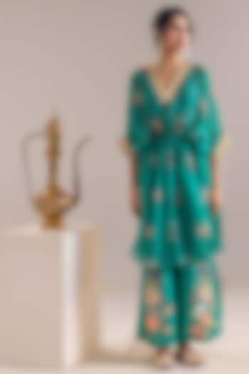 Green Chanderi Embroidered Kaftan Kurta Set by Soup by Sougat Paul at Pernia's Pop Up Shop
