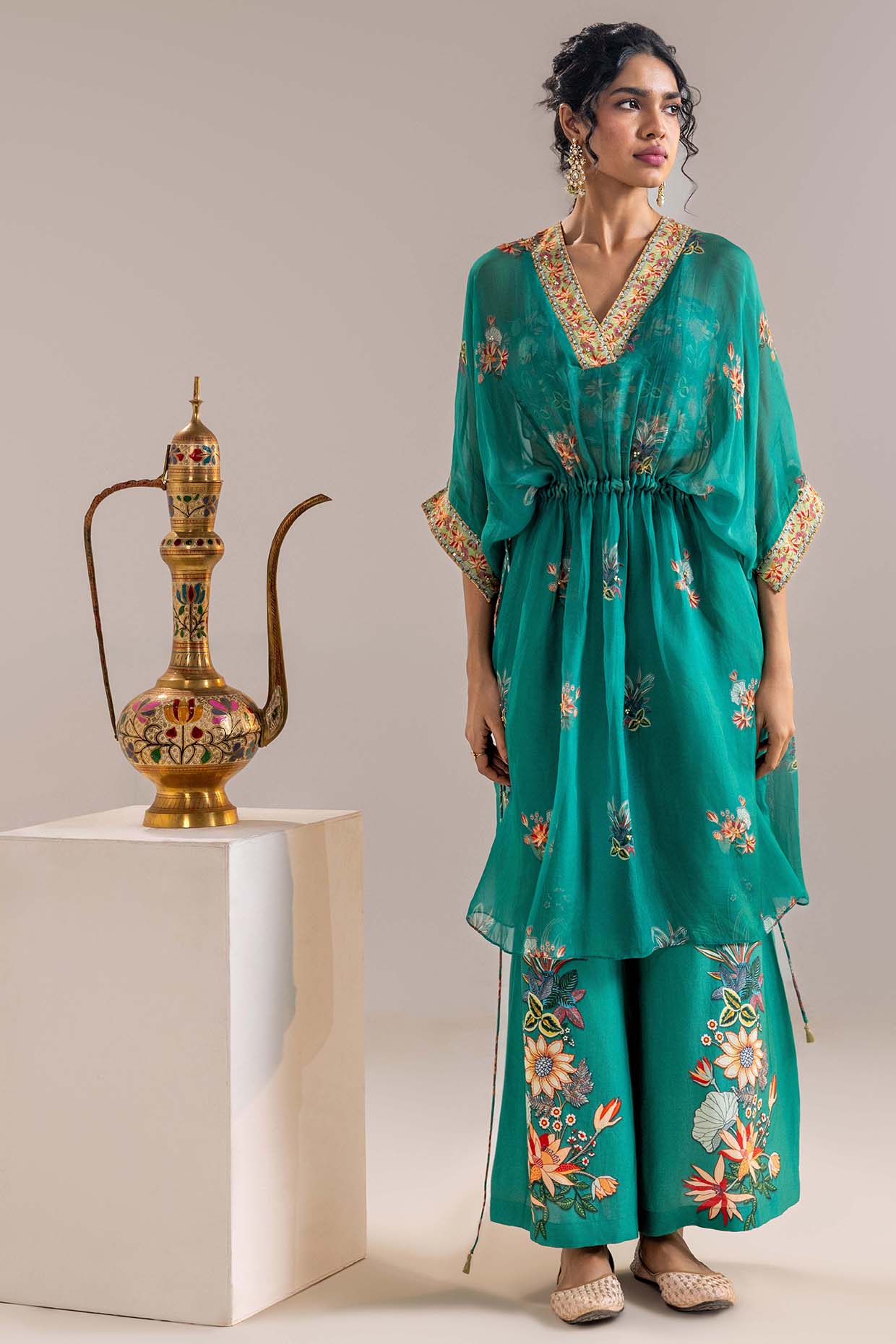 Green Chanderi Embroidered Kaftan Kurta Set by Soup by Sougat Paul at Pernia's Pop Up Shop