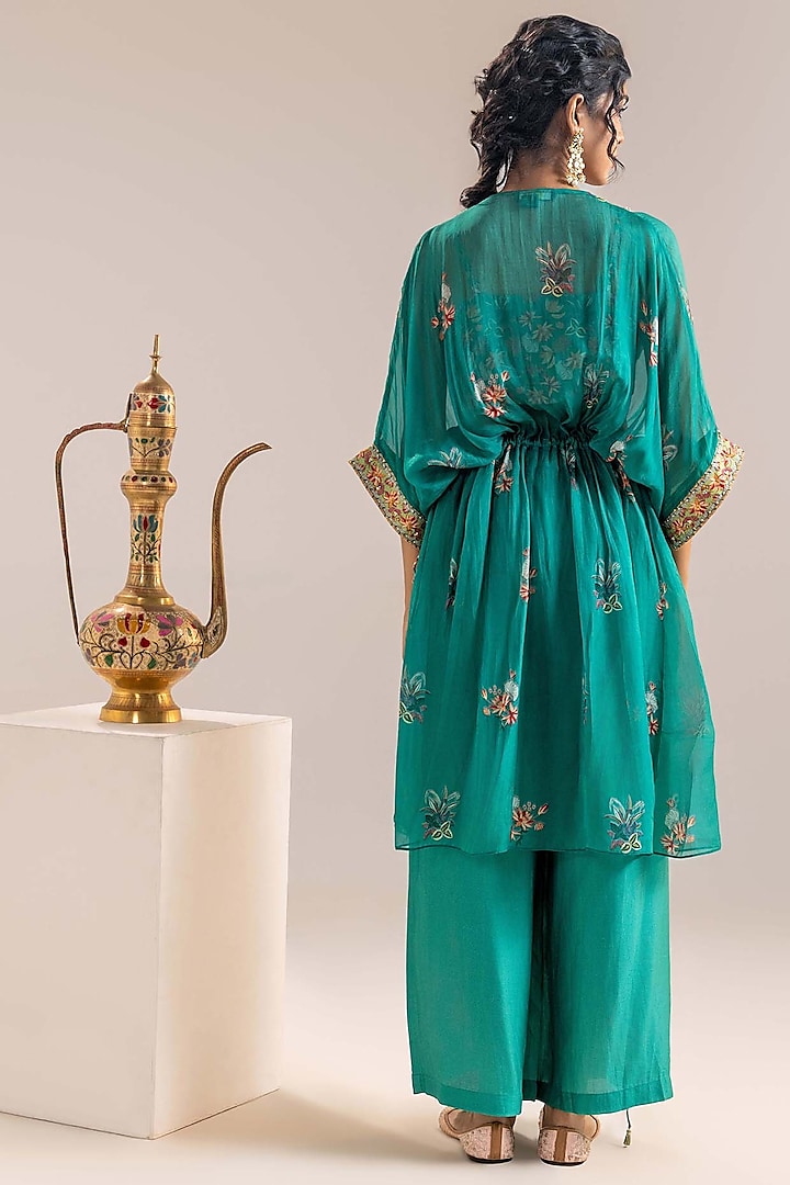 Green Chanderi Embroidered Kaftan Kurta Set by Soup by Sougat Paul at Pernia's Pop Up Shop