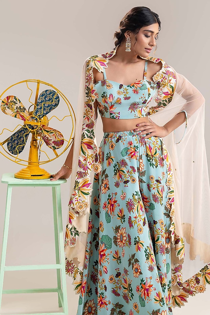 Beige Crepe Embroidered Cape Set by Soup by Sougat Paul at Pernia's Pop Up Shop