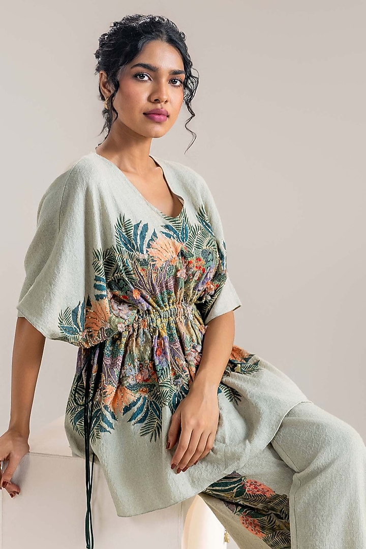 Green Khadi Cotton Embellished Co-Ord Set by Soup by Sougat Paul at Pernia's Pop Up Shop