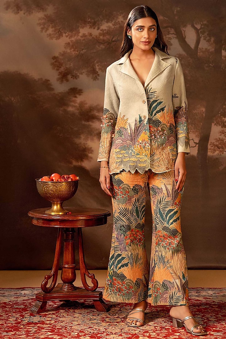 Green Khadi Cotton Cutwork Embroidered Blazer Set by Soup by Sougat Paul at Pernia's Pop Up Shop