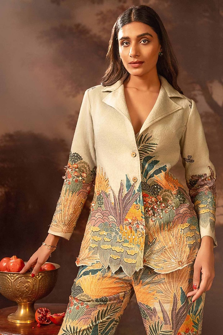 Green Khadi Cotton Cutwork Embroidered Blazer Set by Soup by Sougat Paul at Pernia's Pop Up Shop