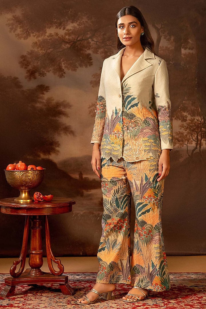 Green Khadi Cotton Cutwork Embroidered Blazer Set by Soup by Sougat Paul at Pernia's Pop Up Shop