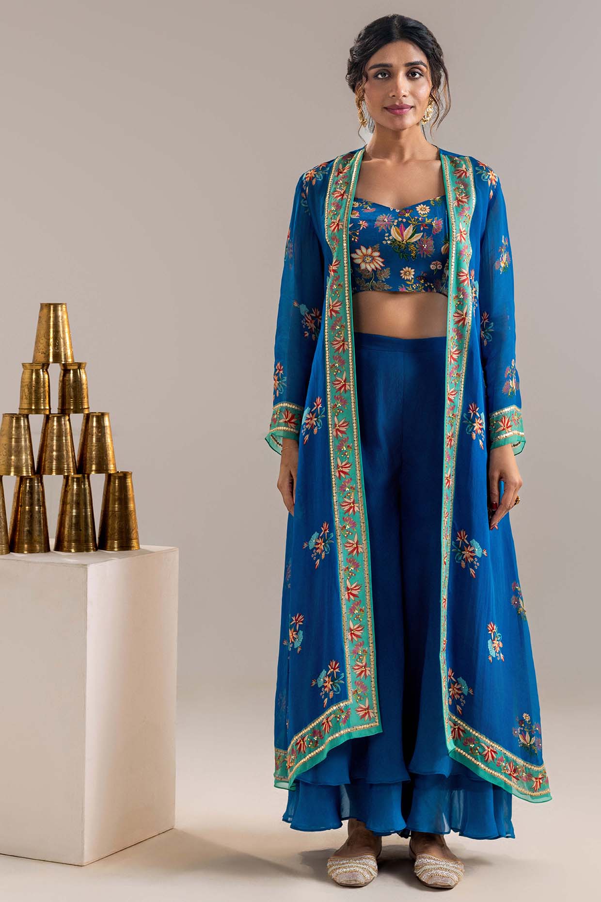 Blue Crepe Embroidered Jacket Set by Soup by Sougat Paul at Pernia's Pop Up Shop