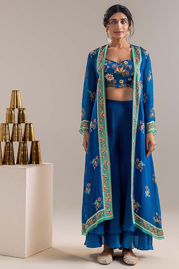 Blue Crepe Embroidered Jacket Set by Soup by Sougat Paul at Pernia's Pop Up Shop