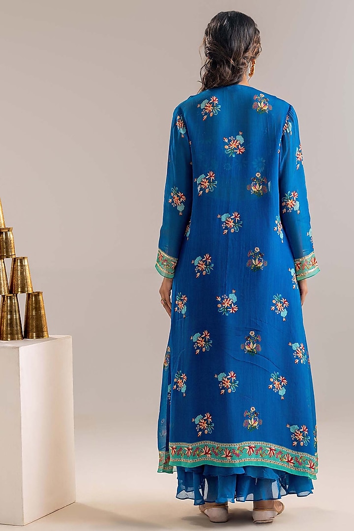 Blue Crepe Embroidered Jacket Set by Soup by Sougat Paul at Pernia's Pop Up Shop
