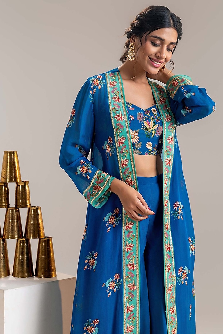 Blue Crepe Embroidered Jacket Set by Soup by Sougat Paul at Pernia's Pop Up Shop