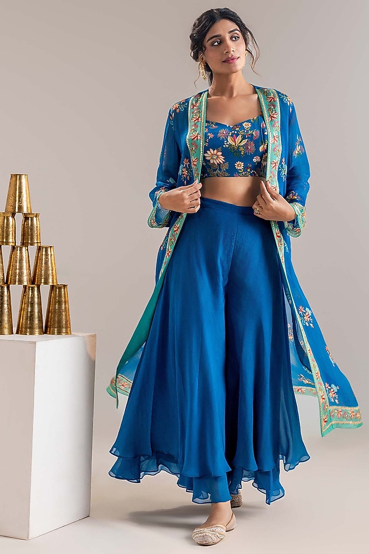 Blue Crepe Embroidered Jacket Set by Soup by Sougat Paul at Pernia's Pop Up Shop
